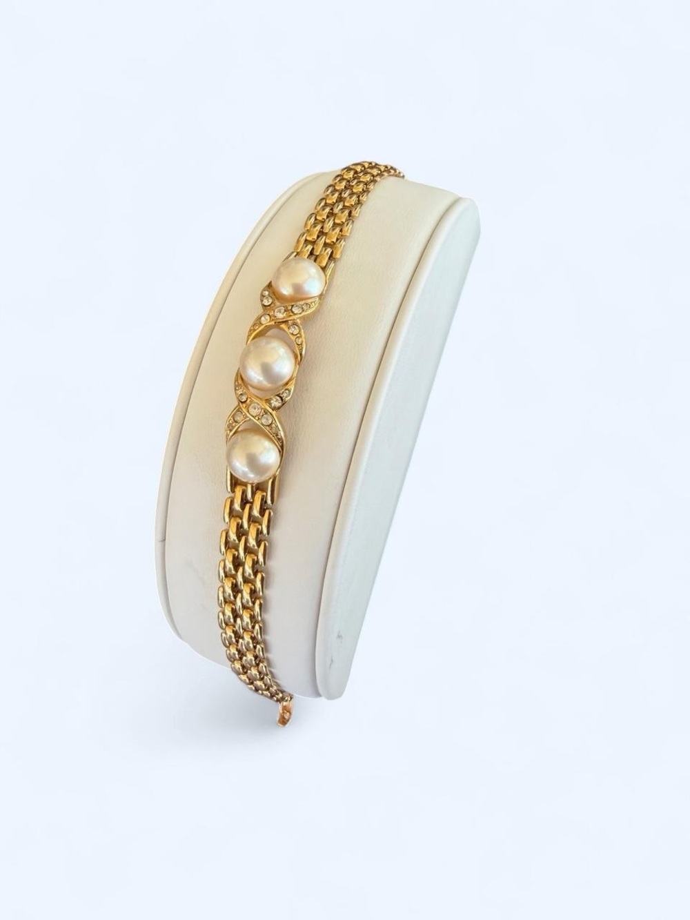 Vintage Signed Trifari™ Gold-Tone Faux Pearl & Rhinestone Link Bracelet
 - Women
